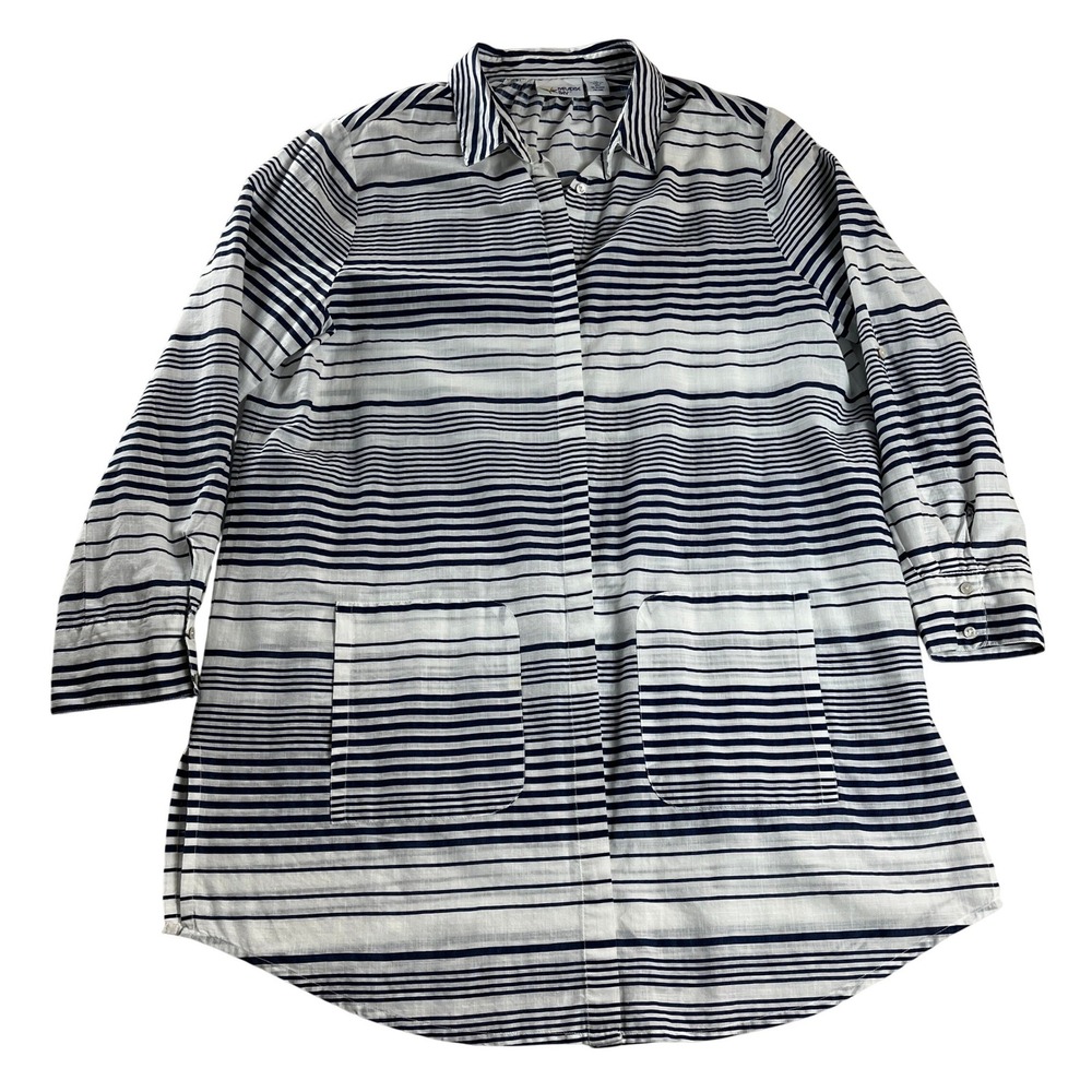 Paradise‎ Bay Tunic Shirt XL Blue White Striped Cotton Beach Cover Up